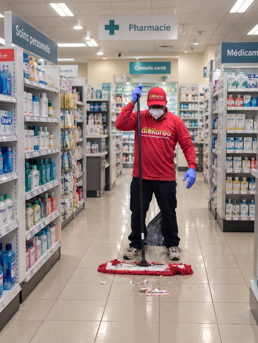 Youssef aspire la poussière fine dans un local fraîchement rénové